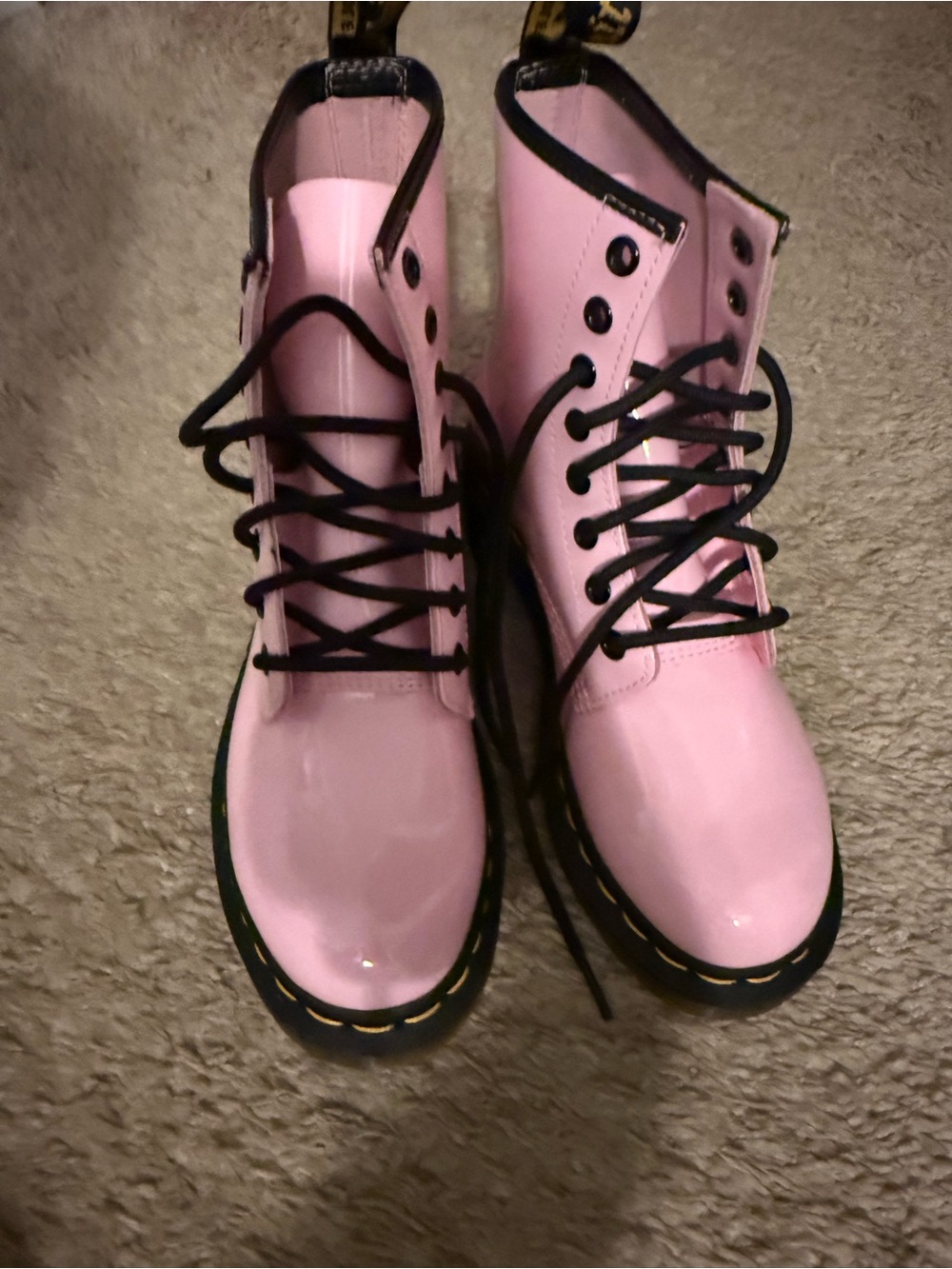 New Dr. Martens Women's Pink Patent Lace-Up Boots with Black Trim